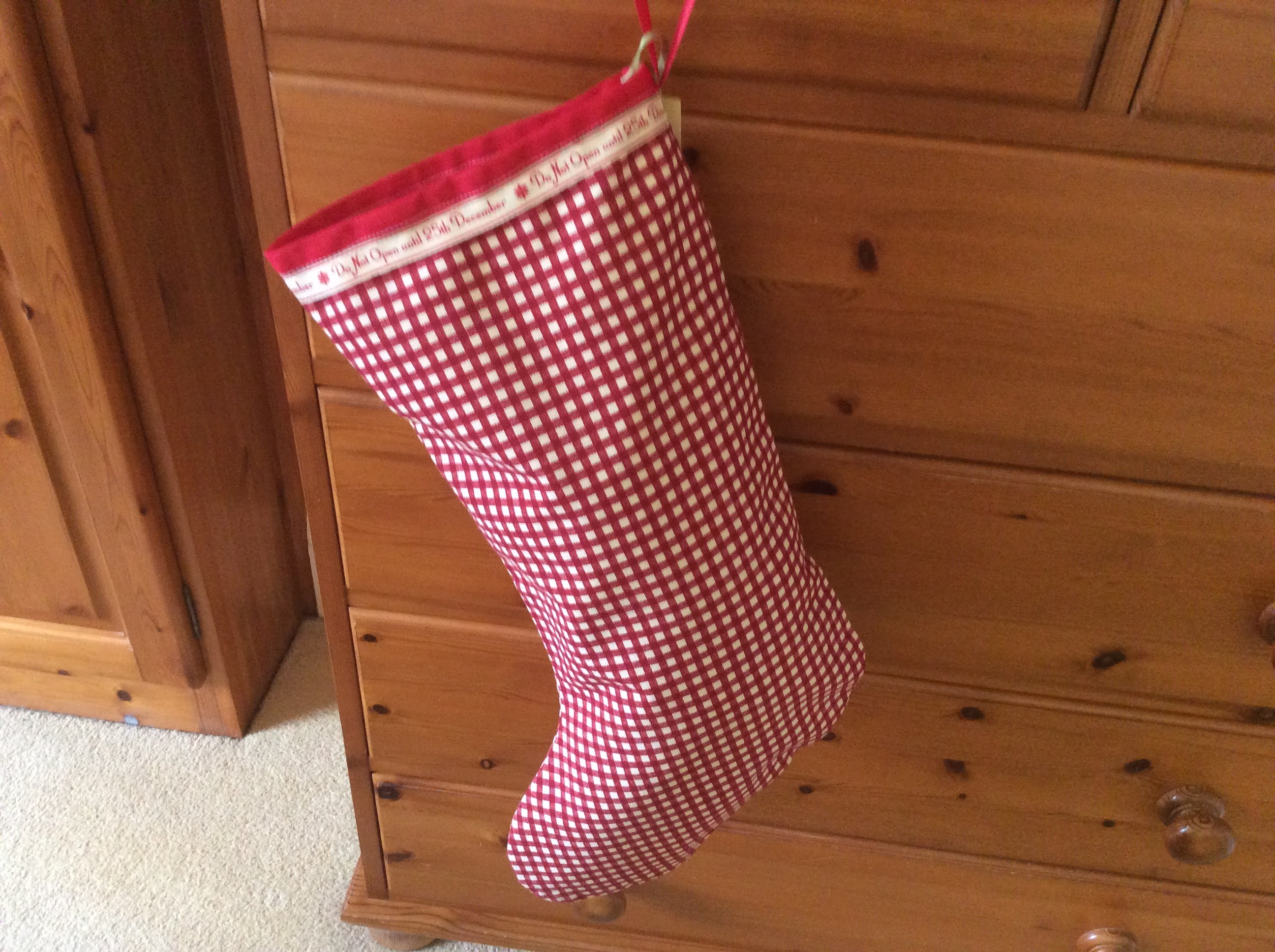 Christmas Stocking - red check and 25th Dec ribbon